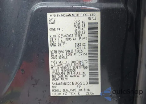 2012 Nissan Pathfinder Le from USA, damaged, VIN 5N1AR1NN3CC636513